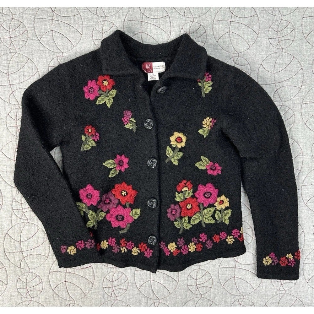 JM Collection Cardigan Sweater Black Floral Embroidered / Women's Small